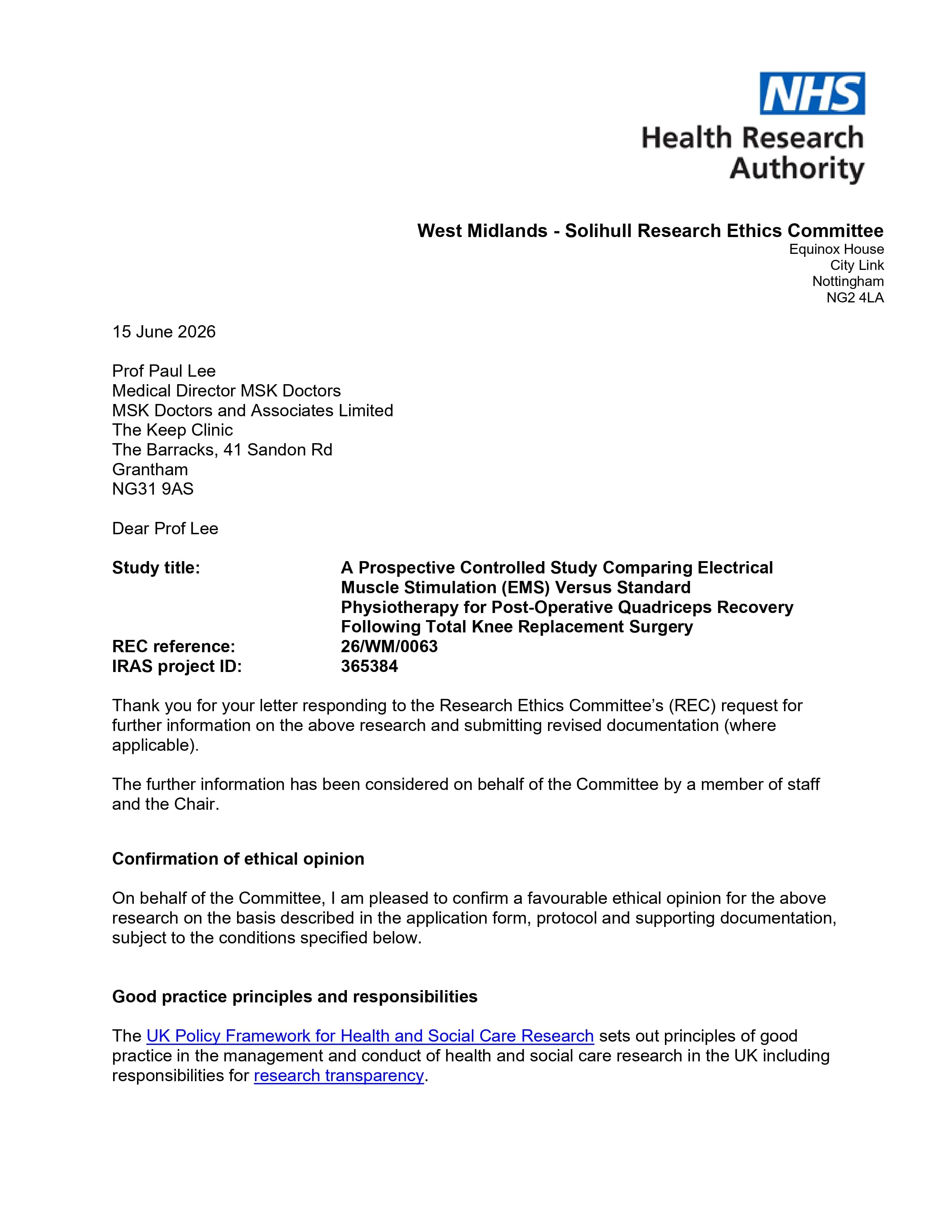 Research ethics committee approval letter for A Prospective Controlled Study Comparing Electrical Muscle Stimulation (EMS) Versus Standard Physiotherapy for Post-Operative Quadriceps Recovery Following Total Knee Replacement Surgery