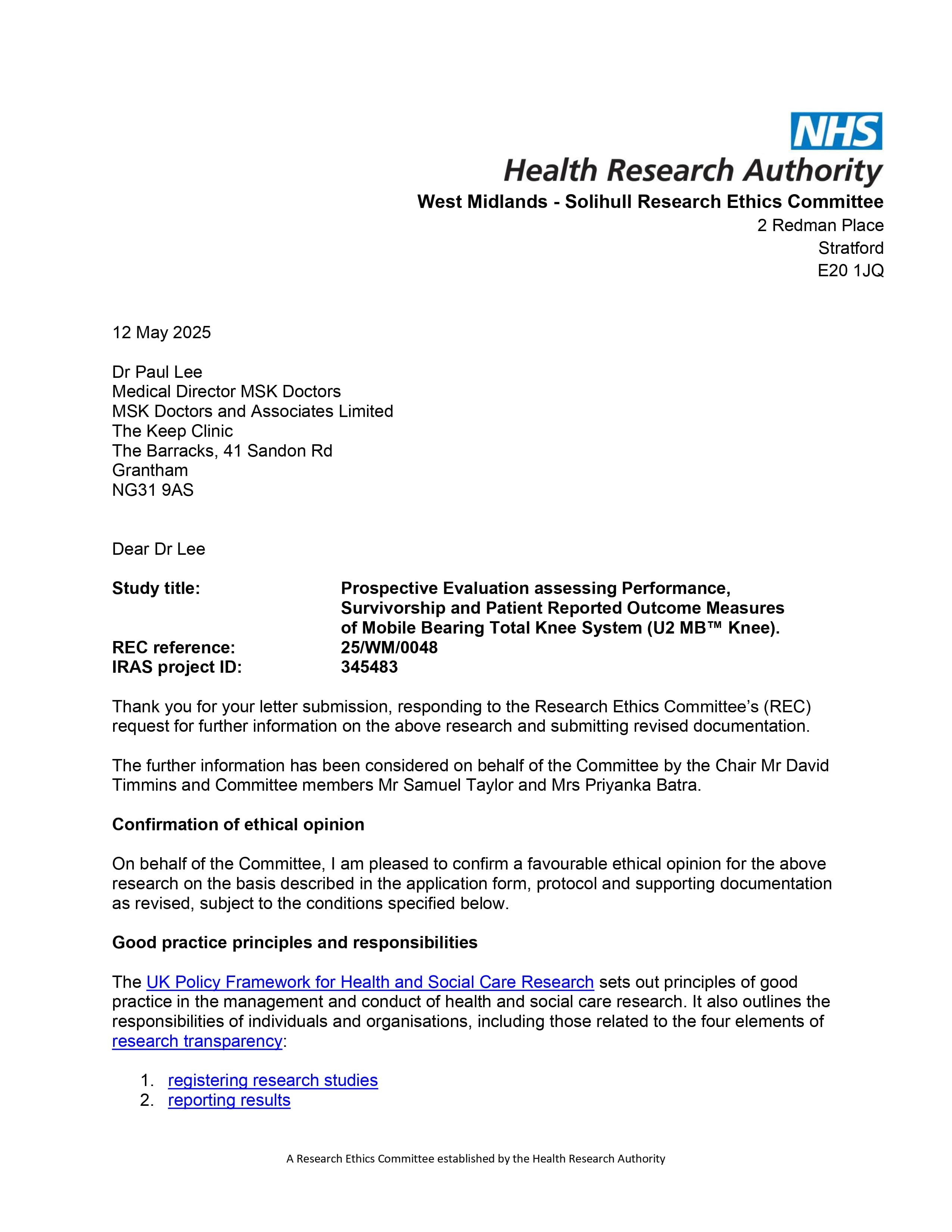 Ethics approval for U2 Mobile Bearing (MB™) Total Knee Replacement Follow-up
