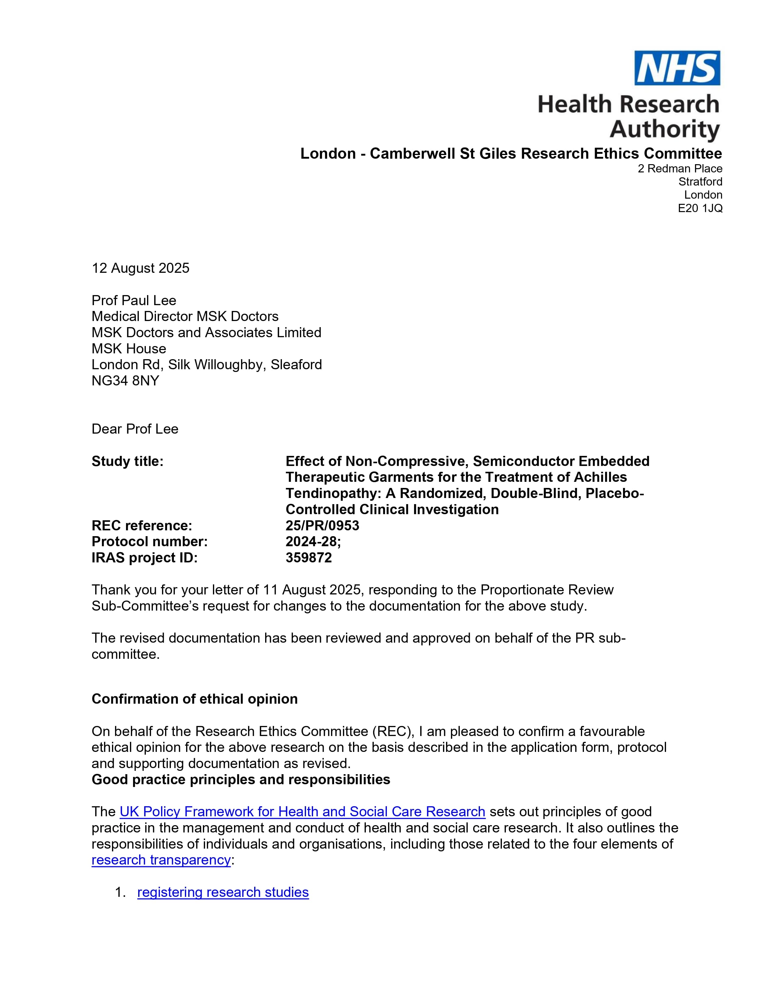 Ethics approval for Incrediwear™ Achilles Tendon Treatment Study